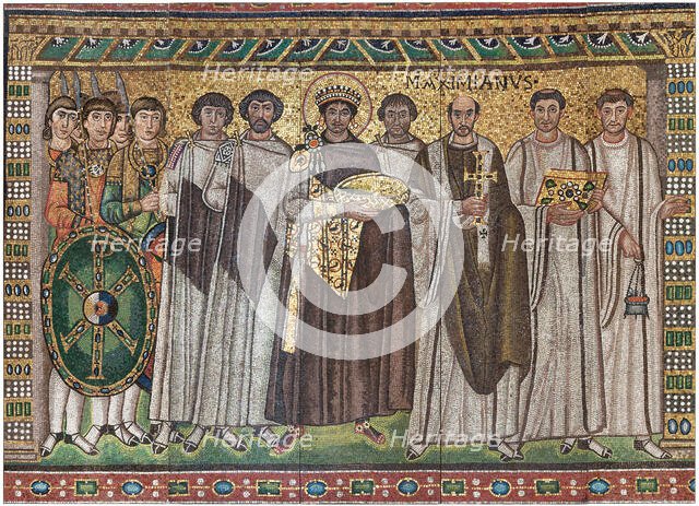 Emperor Justinian and Members of His Court, Byzantine, early 20th century (original dated 6th cent). Creator: Unknown.