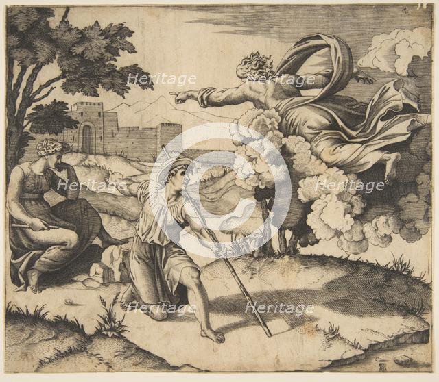 God appearing to Isaac; God floating in clouds pointing toward Rebecca seated under..., ca. 1515-27. Creator: Marco Dente.