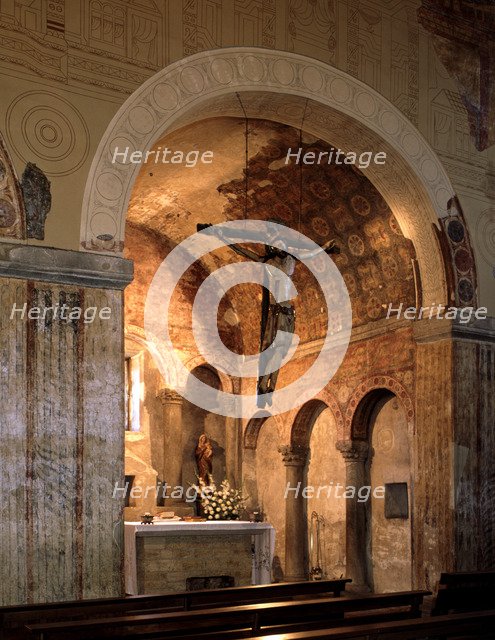 Interior of the Church of San Julián or Santullano de los Prados with painting remains, founded b…