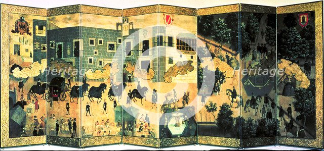  'The Palace of the Viceroys', anonymous folding screen oil painted, belonging to Mexican culture.