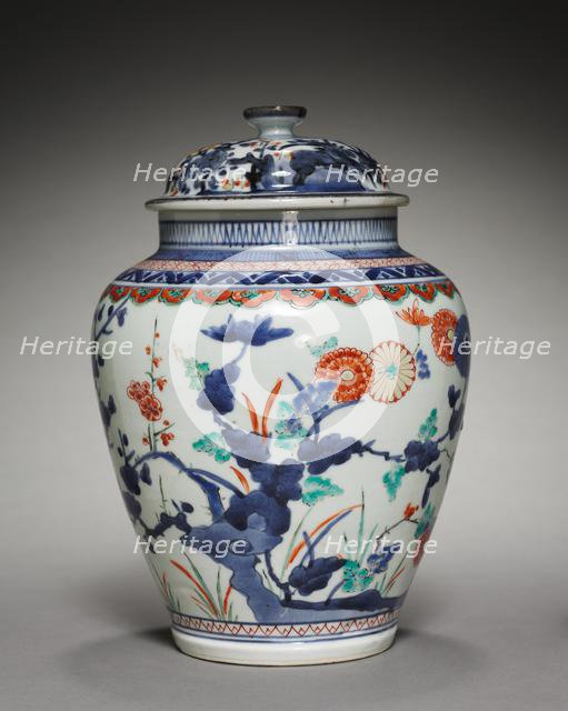 Covered Jar with Chrysanthemums, Peonies, and Prunus: In Kakiemon Style, late 17th century. Creator: Unknown.