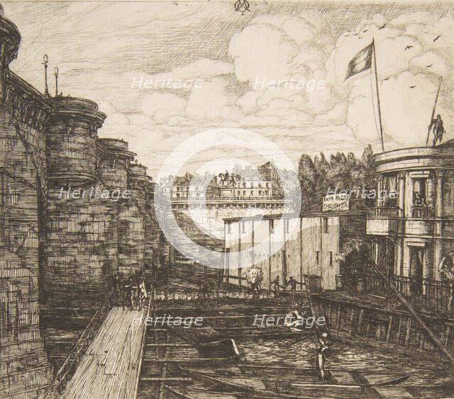 Bain-froid Chevrier (Chevrier's cold bath establishment, or The School Baths, Paris), 1864. Creator: Charles Meryon.