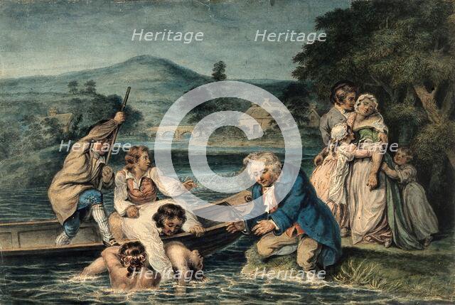 A man being brought in by boat apparently drowned, his wife and family grieve on the shore, c1800s. Creator: Robert Smirke.