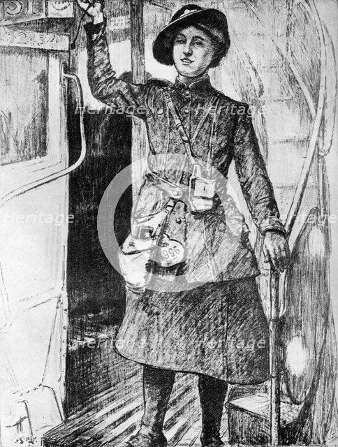 'The War at Home: Bus Conductress', 1917, (c1920). Artist: Archibald Standish Hartrick