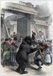 Performing bear in a Russian village, 1877. Artist: Unknown