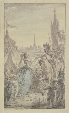 A princess and girls with flowers receive a knight on horseback in front of a tent.. Creator: Christian Sambach.