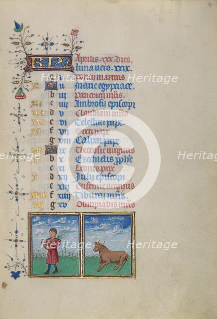 Calendar Page for April: Picking Flowers: Taurus; Book of Hours, about 1450-1455. Creator: Master of the Lee Hours.