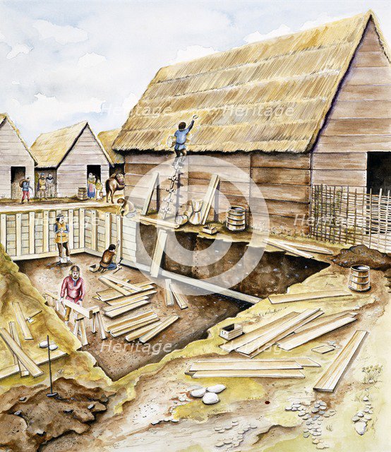 Viking buildings, late 10th century. Artist: Chris Evans.