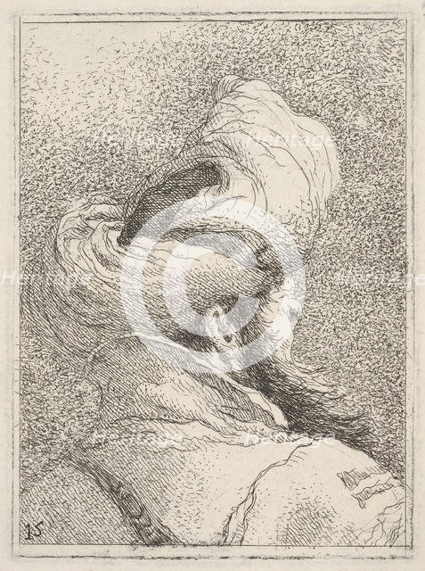 Bearded man wearing a turban, depicted in bust length from behind in three-quarters vi..., ca. 1770. Creator: Giovanni Battista Tiepolo.