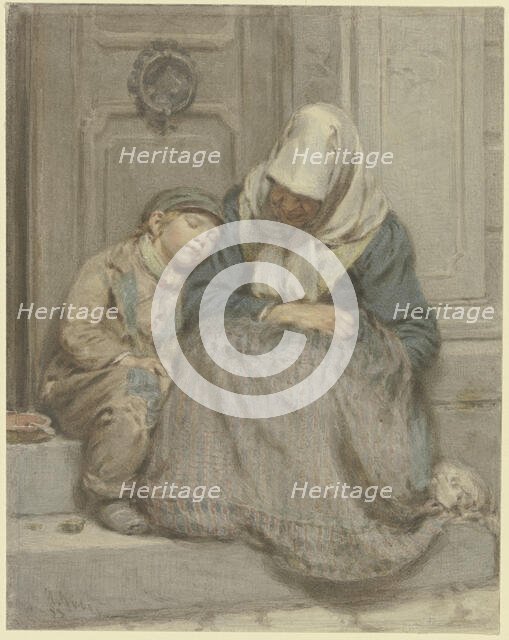 Woman sleeping with a boy in front of a door, 1853. Creator: Angilbert Gobel.
