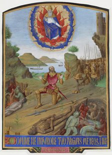 David, in armour, kneeling in penitence before the Almighty with his army, c1452-1460. Creator: Unknown.