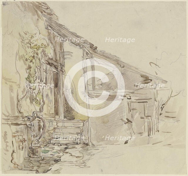 House corner with a grapevine and four steps, c1850-1905. Creator: Anton Burger.