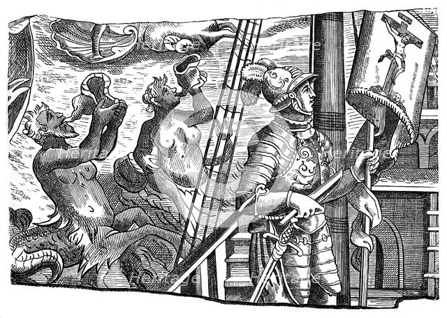 Christopher Columbus on board his ship, during his first voyage to the west, 16th century, (1870). Artist: Unknown