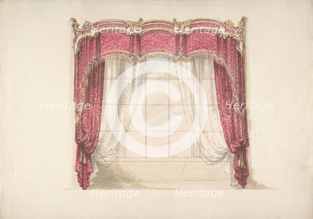 Design for Red Curtains with Gold Fringes and a Gold, Red and White Pediment, early 19th cent. Creator: Anon.