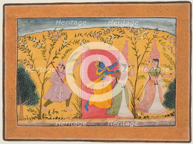 Krishna Exacts a toll from the Milkmaids, from a Bhagavata Purana, c. 1600. Creator: Unknown.