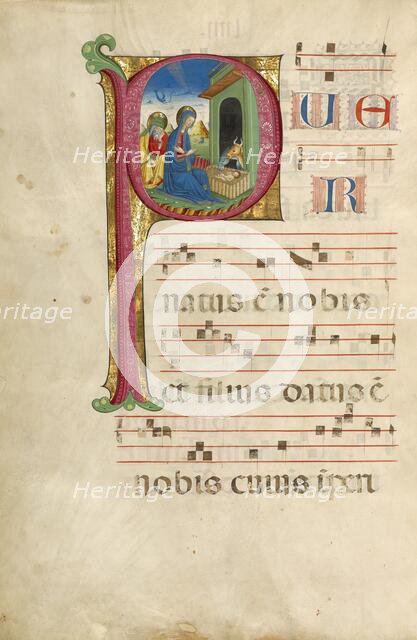 Initial P: The Adoration of the Christ Child and The Annunciation to the Shepherds, about 1460-1480. Creator: Unknown.