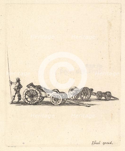 A mortar and a cannon, both mounted on carriages, a soldier shown from the back sta..., ca. 1638-43. Creator: Stefano della Bella.