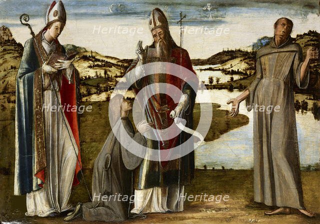 Holy Bishop (Andrew?) adorated by Saints Louis of Toulouse and Francis of Assisi, c1470-1475. Creator: Vivarini, Alvise (ca. 1446-ca. 1505).