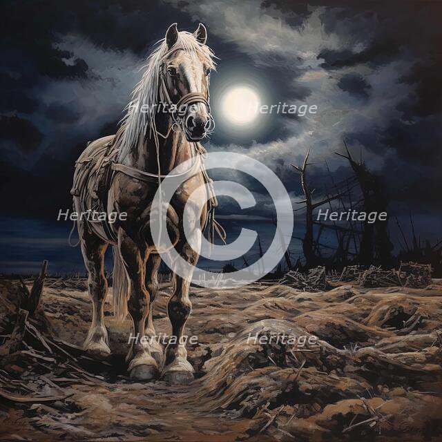 AI IMAGE - Illustration of a horse in a World War 1 battlefield setting, 2023. Creator: Heritage Images.