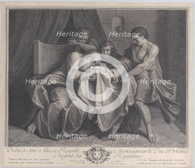 Jacob crying into his son's robe while his other sons pull it away from him, 1724. Creator: François de Poilly.