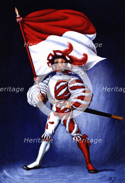 Flag bearer from the canton of Soleure, c. 1500. Color engraving from 1943, published by Editions…
