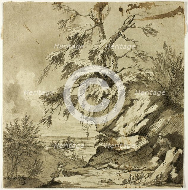 Dead Man, Brigand and Fleeing Child on Rocky Bluff, n.d. Creator: Unknown.