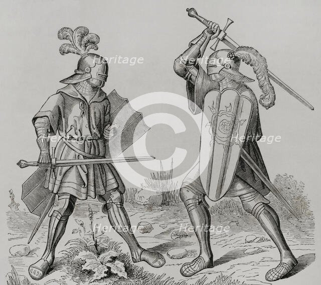 Knights wearing full armour, late 15th century (1877).  Creator: Unknown.