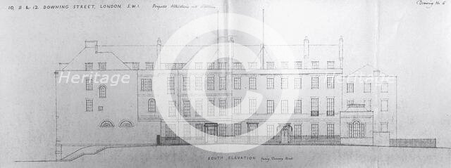 Illustration showing proposed alterations and additions to 10, 11, 12 Downing Street, 1958. Creator: Raymond Erith.