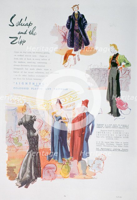Advert for 'Lightning' coloured plastic zipp fasteners by ICI, 1937. Artist: Unknown