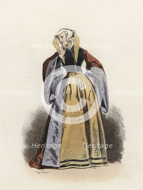 Prussian housekeeper with a party dress, in the modern age, color engraving 1870.