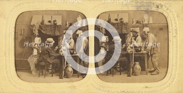 Genre scene: people in discussion around table, one woman with bonnet, gun leaning against...1860s. Creator: E Lamy.