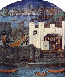 The Tower of London with London Bridge, c1500, (c1900-1920). Artist: Unknown
