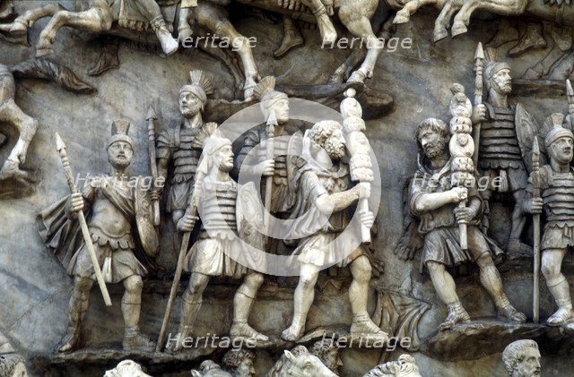 Roman soldiers taking part in decursio, the ritual circling of funeral pyre, c180-196. Artist: Unknown