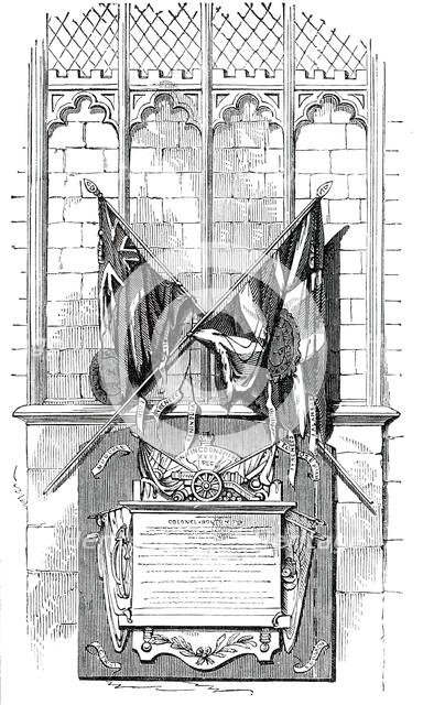 Colours of the 31st Regiment placed above the Monument to the Officers, in Canterbury, 1850. Creator: Unknown.