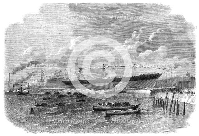 Launch of the Knight Commander, iron screw steam-ship, built at Dublin, 1864. Creator: Smyth.