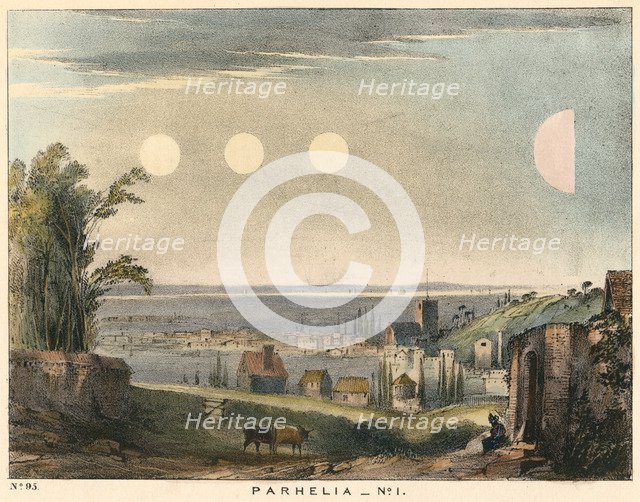 Parhelia (mock suns) without haloes, observed in England in 1698, (1845). Artist: Unknown