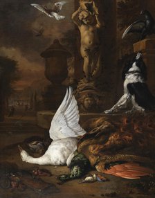 Still life with dead swan, a peacock and a dog by a garden fountain, 1684. Creator: Jan Weenix.