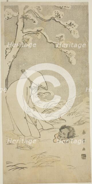 A Pilgrim Praying through the Night to the Buddha (kannenbutsu) is Startled by a Ghostly..., c.1768. Creator: Shunsho.