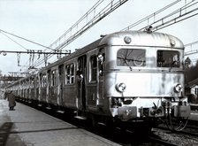 Train inaugurating the new electric railway line, southeast of Paris, 1950.