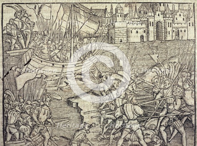 Episodes of the conquest of Peru, illustration from the book 'Historia General de las Indias y Nu…