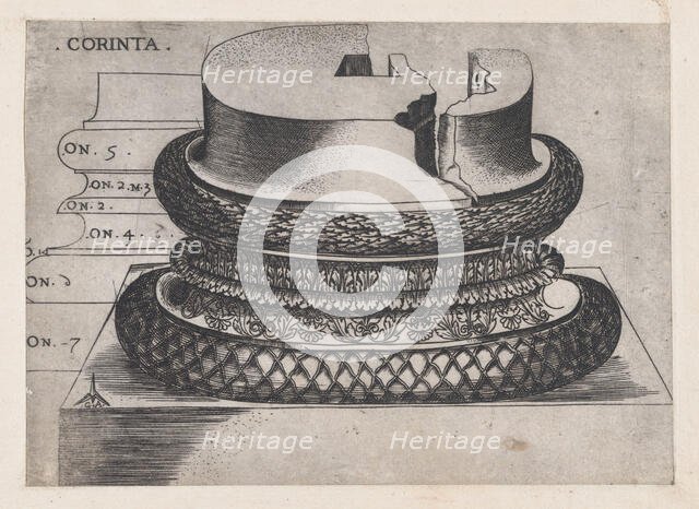 Speculum Romanae Magnificentiae: Corinthian base from the Lateran Baptistery, Rome, ca..., ca. 1537. Creator: Master GA.