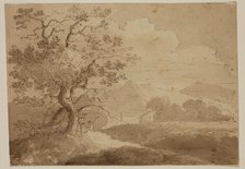 Landscape: Large Trees in Foreground, Two Figures, House, Lake and Mountains, c1820-1848. Creator: Thomas Cole.