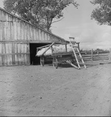 Yard barn and cotton wagon on small California cotton farm, Kern County, California, 1938. Creator: Dorothea Lange.