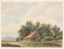 Landscape with barn and in the distance a shepherd with sheep, 1797-1870. Creator: Andreas Schelfhout.