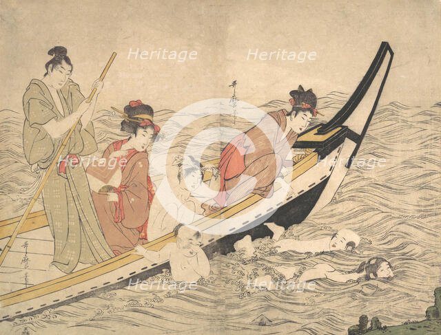 Boating Party with Children Swimming, late 18th century. Creator: Kitagawa Utamaro.