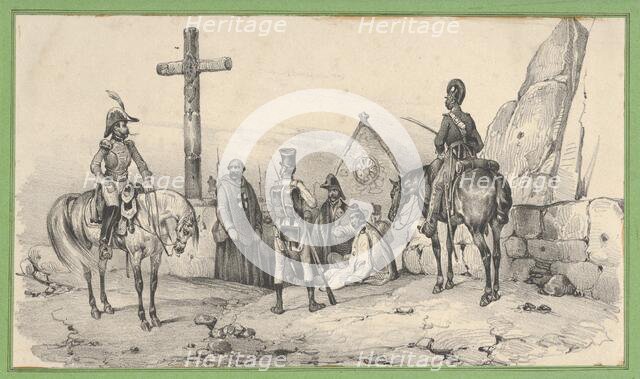 Soldiers gathered in front of a church with priests and a crucifix, mid-19th century. Creator: Victor Adam.
