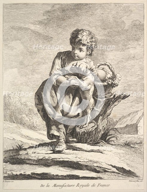 Child with a dog, holding a basket of grapes, from Premier Livre de Figures d'après les po..., 1757. Creator: Pierre Etienne Falconet.