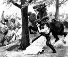 The Eastern Echo: ...bruised, and shaken, she lay in his arms...behind a ...tamarind-tree, 1898. Creator: Unknown.