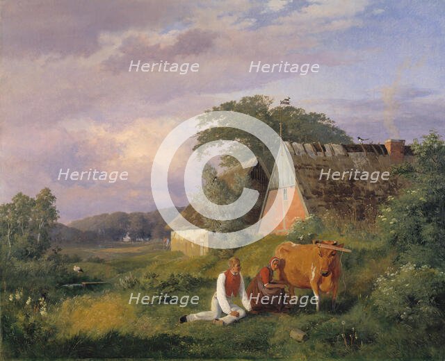 Milking scene. Illustrating a poem by Christian Winther, 1841. Creator: Johan Thomas Lundbye.