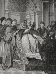 Pope Gregory IX, (1170-1241) receiving the Decretals compiled by Saint Raymond of Peñafort, 1877.  Creator: Jules Jean Marie Joseph Huyot.